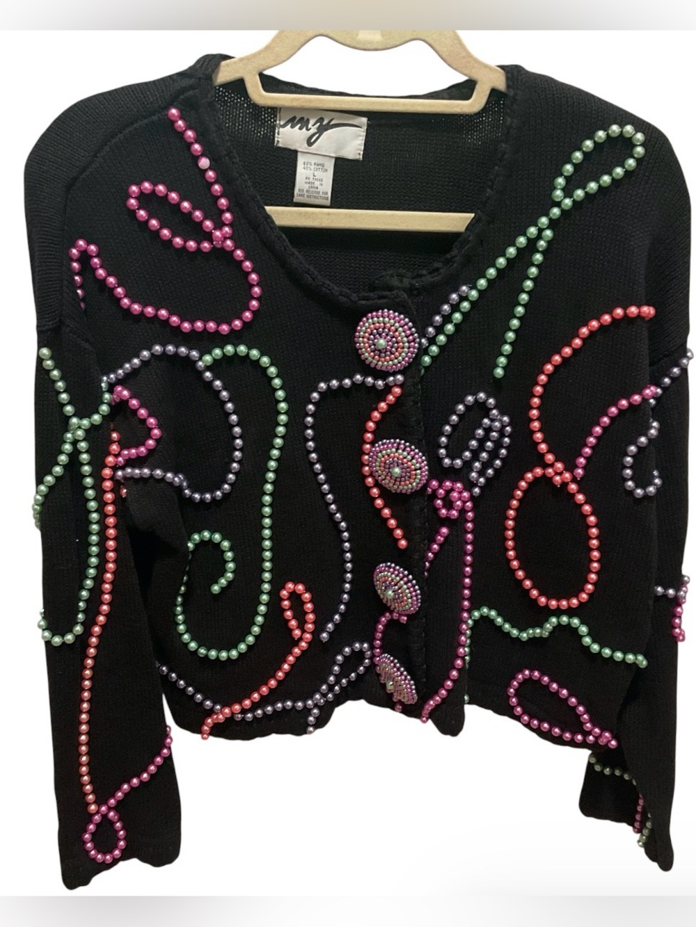 Vintage Black Beaded Sweater with Outrageous Buttons by MY 1990s Large